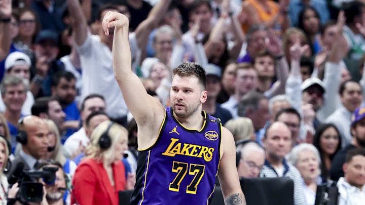 Apr 9, 2025; Dallas, Texas, USA;  Los Angeles Lakers guard Luka Doncic (77) reacts after scoring against the Dallas Mavericks during the second quarter at American Airlines Center. Mandatory Credit: Kevin Jairaj-Imagn Images