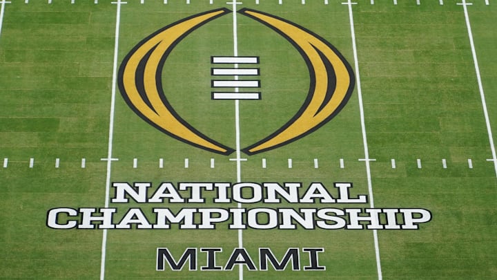 Jan 19, 2026; Miami Gardens, FL, USA; A general view of the center field logo before the CFP National Championship college football game between the Indiana Hoosiers and the Miami Hurricanes at Hard Rock Stadium. Mandatory Credit: James Lang-Imagn Images