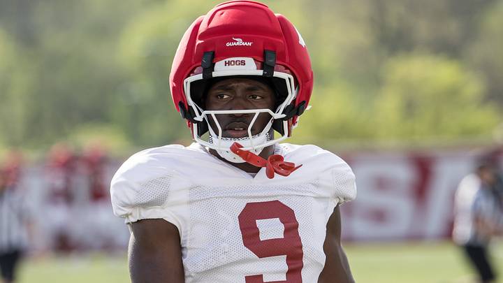 Arkansas Razorbacks wide receiver Jamari Hawkins (9) walks back to the line for the next drill during spring practice at the Arkansas Razorbacks practice facilities. Arkansas Razorbacks wide receiver Jamari Hawkins (9) walks back to the line for the next drill during spring practice at the Arkansas Razorbacks practice facilities.