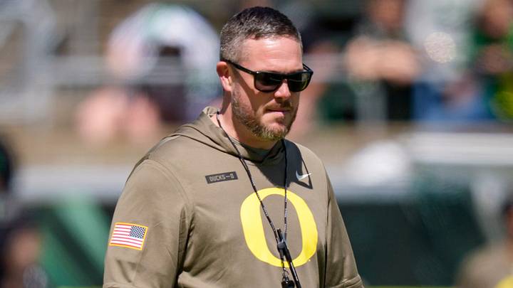 Oregon head coach Dan Lanning walks the field before the game during the Oregon Ducks annual spring game on April 25, 2026 at Autzen Stadium in Eugene, Oregon. Oregon head coach Dan Lanning walks the field before the game during the Oregon Ducks annual spring game on April 25, 2026 at Autzen Stadium in Eugene, Oregon.