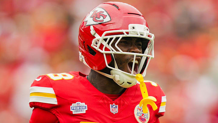 Sep 14, 2025; Kansas City, Missouri, USA; Kansas City Chiefs cornerback Kevin Knowles (38) celebrates after a play during the first half against the Philadelphia Eagles at GEHA Field at Arrowhead Stadium. Mandatory Credit: Jay Biggerstaff-Imagn Images