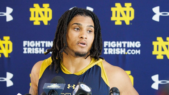 Notre Dame safety Xavier Watts addresses media after a Notre Dame football practice at Irish Athletic Center on Thursday, Aug. 1, 2024, in South Bend.