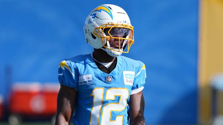 Jul 25, 2025; El Segundo, CA, USA; Los Angeles Chargers receiver Derius Davis (12) during training camp at The Bolt. Mandatory Credit: Kirby Lee-Imagn Images