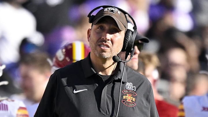 Nov 8, 2025; Fort Worth, Texas, USA; Iowa State Cyclones head coach Matt Campbell looks on during the first half against the TCU Horned Frogs at Amon G. Carter Stadium.