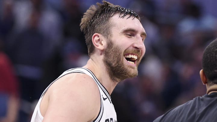Dec 3, 2025; Orlando, Florida, USA; San Antonio Spurs center Luke Kornet (7) reacts after beating the Orlando Magic at Kia Center. Mandatory Credit: Nathan Ray Seebeck-Imagn Images