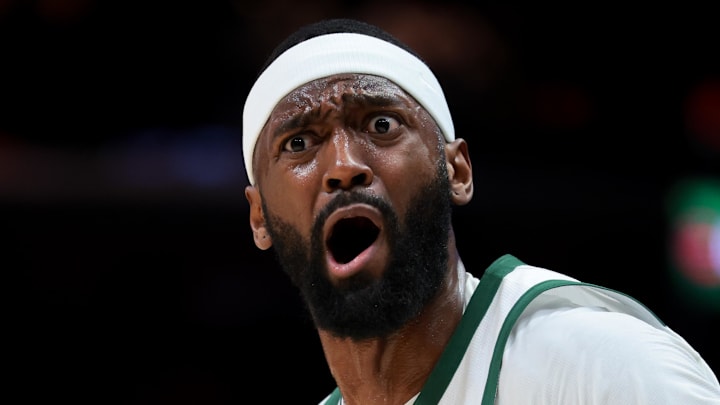 Milwaukee Bucks forward Bobby Portis (9) reacts toward the referee against the Miami Heat during the second quarter at Kaseya Center on March 12, 2026.