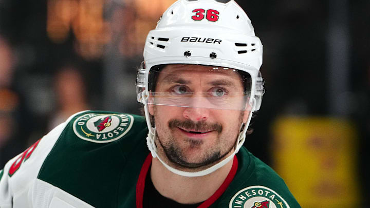Apr 29, 2025; Las Vegas, Nevada, USA; Minnesota Wild right wing Mats Zuccarello (36) warms up before the start of game five of the first round of the 2025 Stanley Cup Playoffs against the Vegas Golden Knights at T-Mobile Arena. Mandatory Credit: Stephen R. Sylvanie-Imagn Images