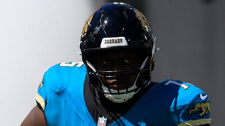 Jacksonville Jaguars guard Emmanuel Pregnon (75) is introduced before an NFL football matchup at EverBank Stadium on Sunday, Sept. 27, 2026, in Jacksonville, Fla. The Jaguars defeated the Patriots 35-6. 