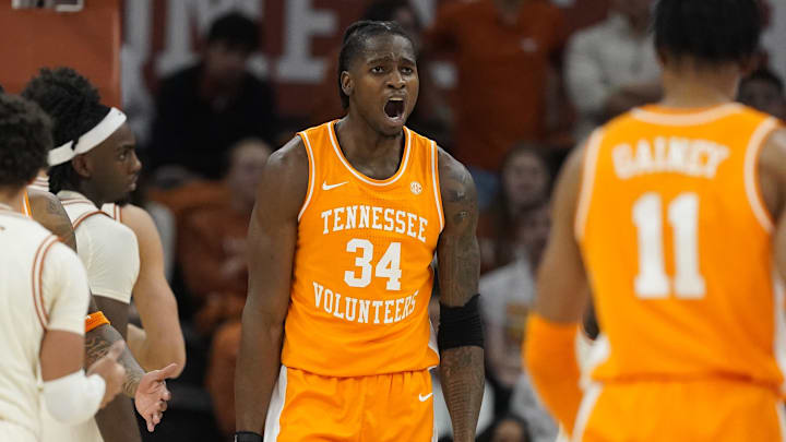Jan 11, 2025; Austin, Texas, USA; Tennessee Volunteers forward Felix Okpara (34) reacts after drawing a foul while scoring against the Texas Longhorns during the first half at Moody Center. Mandatory Credit: Scott Wachter-Imagn Images