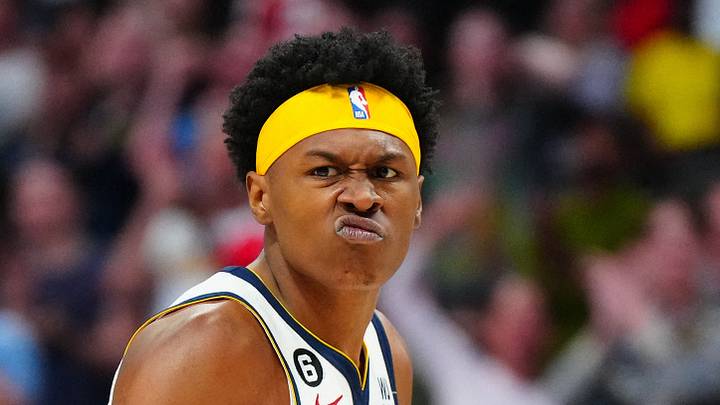 Denver Nuggets forward Peyton Watson (8) reacts to his score in the second half against the Golden State Warriors at Ball Arena on April 2, 2023.