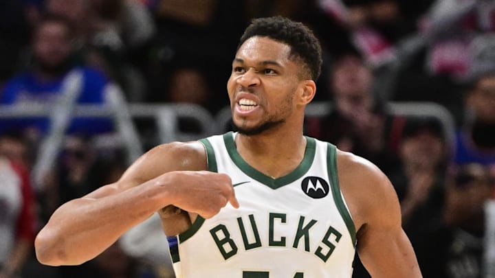 Milwaukee Bucks forward Giannis Antetokounmpo (34) reacts after scoring a basket in the 3rd quarter against the New York Knicks at Fiserv Forum on October 28, 2025.