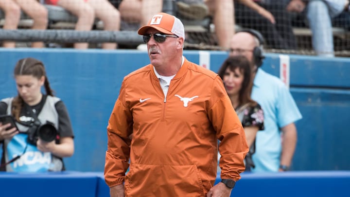 Texas Longhorns head coach Mike White look on in the sixth inning against the Florida Gators.