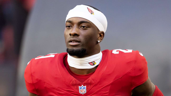 Dec 7, 2025; Glendale, Arizona, USA; Arizona Cardinals cornerback Garrett Williams (21) against the Los Angeles Rams at State Farm Stadium. Mandatory Credit: Mark J. Rebilas-Imagn Images