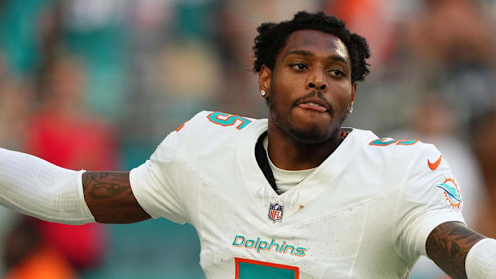 Nov 19, 2023; Miami Gardens, Florida, USA; Miami Dolphins cornerback Jalen Ramsey (5) celebrates after his interception against the Las Vegas Raiders during the second half at Hard Rock Stadium. Mandatory Credit: Jasen Vinlove-Imagn Images