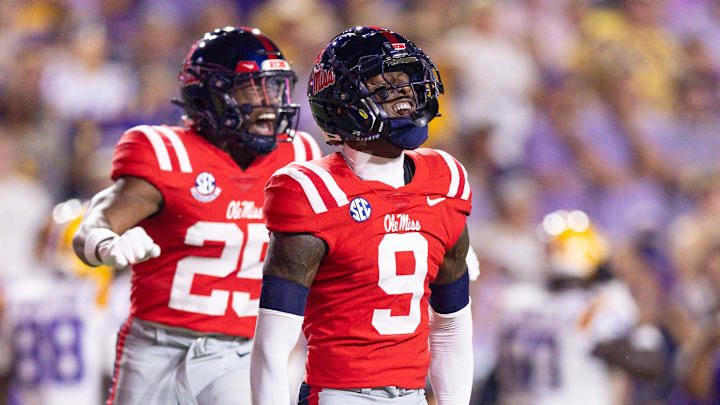 Oct 12, 2024; Baton Rouge, Louisiana, USA; Mississippi Rebels cornerback Trey Amos (9) reacts after a play against the LSU Tigers during the first half at Tiger Stadium. Mandatory Credit: Stephen Lew-Imagn Images Oct 12, 2024; Baton Rouge, Louisiana, USA; Mississippi Rebels cornerback Trey Amos (9) reacts after a play against the LSU Tigers during the first half at Tiger Stadium. Mandatory Credit: Stephen Lew-Imagn Images