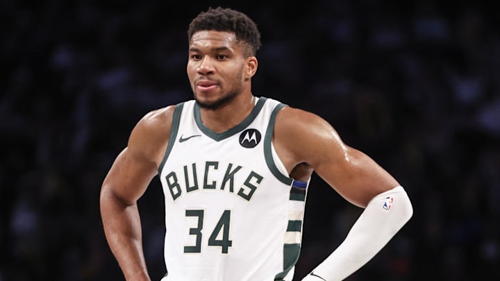 Oct 27, 2024; Brooklyn, New York, USA;  Milwaukee Bucks forward Giannis Antetokounmpo (34) at Barclays Center. Mandatory Credit: Wendell Cruz-Imagn Images
