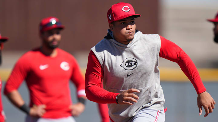 Cincinnati Reds infielder Noelvi Marte runs the bases during spring training workouts , Monday, Feb. 19, 2024, at the team's spring training facility in Goodyear, Ariz.