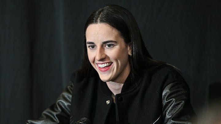 Feb 2, 2025; Iowa City, Iowa, USA;  Former Iowa Hawkeyes player Caitlin Clark talks with the media before the game against the USC Trojans at Carver-Hawkeye Arena. The Hawkeyes will be retiring the jersey of Clark after the game. Mandatory Credit: Jeffrey Becker-Imagn Images