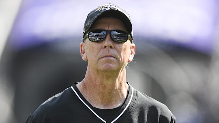 Baltimore Ravens offensive coordinator Todd Monken on the field before the game against the Washington Commanders