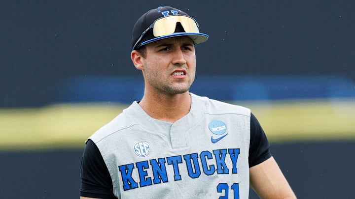 Jun 1, 2024; Lexington, KY, USA; Kentucky Wildcats outfielder Ryan Waldschmidt (21) stands on the field during the first inning against the Illinois Fighting Illini at Kentucky Proud Park. Mandatory Credit: Jordan Prather-Imagn Images Jun 1, 2024; Lexington, KY, USA; Kentucky Wildcats outfielder Ryan Waldschmidt (21) stands on the field during the first inning against the Illinois Fighting Illini at Kentucky Proud Park. Mandatory Credit: Jordan Prather-Imagn Images