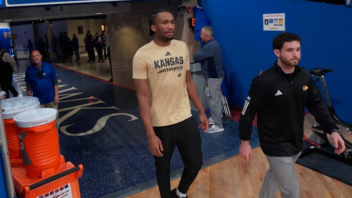 Kansas Jayhawks guard Darryn Peterson (22) walks out of the tunnel before the game against Texas A&M-Corpus Christi Islanders inside Allen Fieldhouse on Nov. 11, 2025.