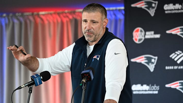 Mar 13, 2025; Foxborough, MA, USA; New England Patriots head coach Mike Vrabel discusses the teamís recent free agent additions with the media at Gillette Stadium. Mandatory Credit: Eric Canha-Imagn Images