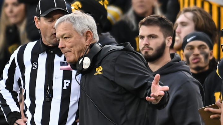 Oct 25, 2025; Iowa City, Iowa, USA; Iowa Hawkeyes head coach Kirk Ferentz reacts after a call during the fourth quarter against the Minnesota Golden Gophers at Kinnick Stadium. Mandatory Credit: Jeffrey Becker-Imagn Images