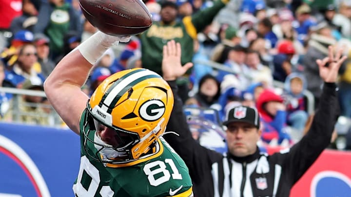 Green Bay Packers tight end Josh Whyle (81) celebrates after catching a touchdown pass against the Giants.