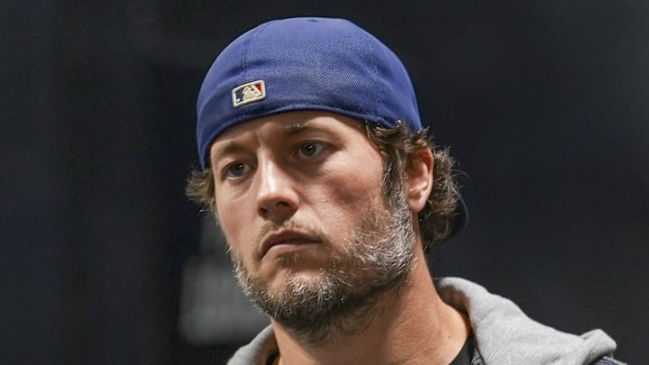 Jan 10, 2026; Charlotte, NC, USA;  Los Angeles Rams quarterback Matthew Stafford (9) walks into the stadium before the NFC Wild Card Round game against the Carolina Panthers at Bank of America Stadium. Mandatory Credit: Jim Dedmon-Imagn Images