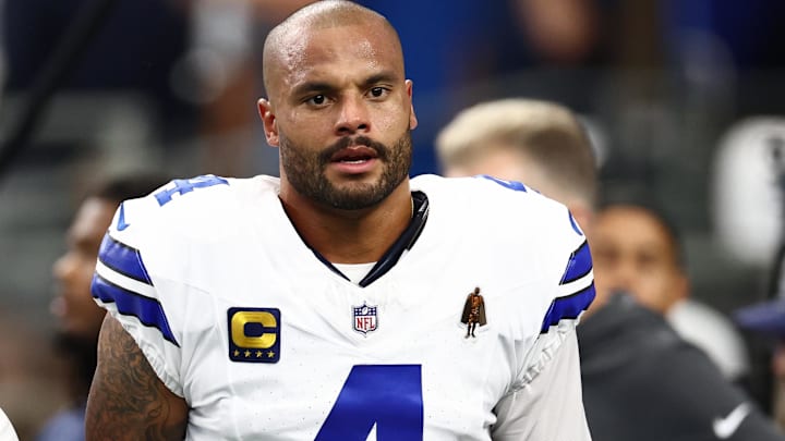 Dallas Cowboys quarterback Dak Prescott (4) looks on before the game against the New York Giants at AT&T Stadium.