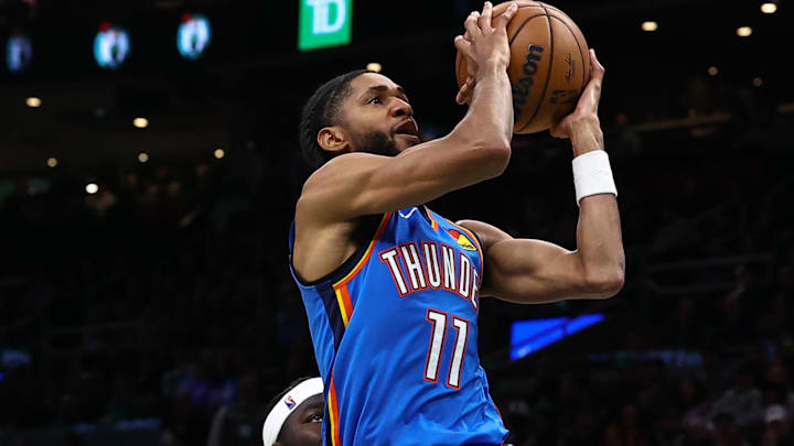 Mar 25, 2026; Boston, Massachusetts, USA; Oklahoma City Thunder guard Isaiah Joe (11) goes to the basket against the Boston Celtics during the second quarter at TD Garden. Mandatory Credit: Winslow Townson-Imagn Images