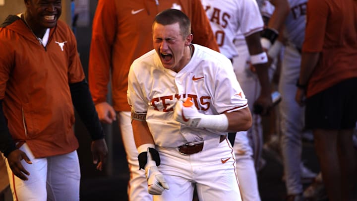 Texas Longhorns infielder Jared Thomas (9) celebrates a home run against the Texas A&M Aggies during the second round in the NCAA baseball College Station Regional at Olsen Field College Station. 