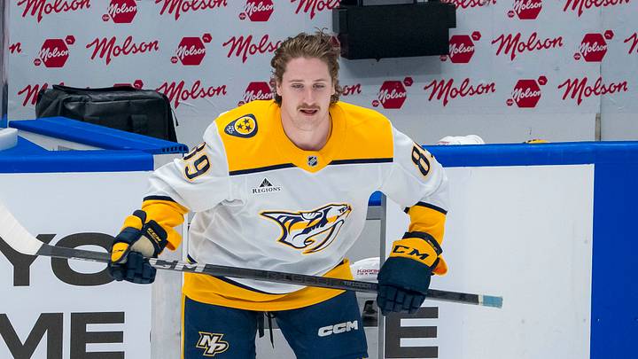Jan 3, 2025; Vancouver, British Columbia, CAN; Nashville Predators forward Ozzy Wiesblatt (89) skates during warm up prior to his first ever NHL appearance against the Vancouver Canucks at Rogers Arena. Mandatory Credit: Bob Frid-Imagn Images Jan 3, 2025; Vancouver, British Columbia, CAN; Nashville Predators forward Ozzy Wiesblatt (89) skates during warm up prior to his first ever NHL appearance against the Vancouver Canucks at Rogers Arena. Mandatory Credit: Bob Frid-Imagn Images