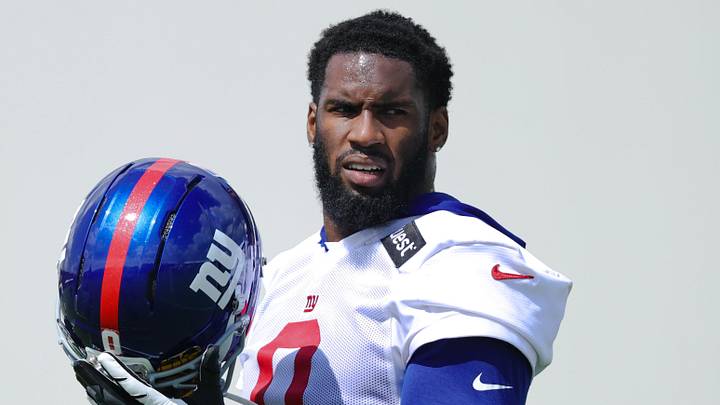 Jul 23, 2025; East Rutherford, NJ, USA; New York Giants linebacker Brian Burns (0) looks on during training camp at Quest Diagnostics Training Center. Mandatory Credit: Vincent Carchietta-Imagn Images