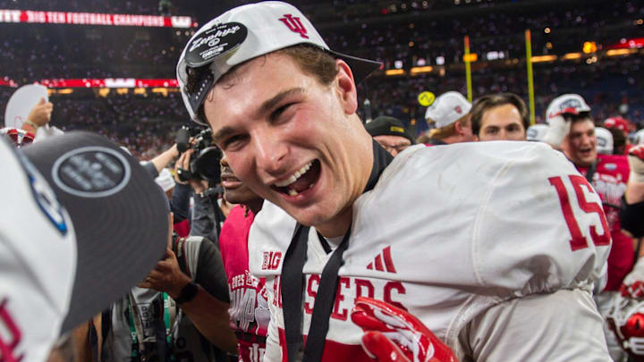 Indiana's Fernando Mendoza celebrates Dec. 6, 2025, after beating Ohio State in the Big Ten title game at Lucas Oil Stadium. Indiana's Fernando Mendoza celebrates Dec. 6, 2025, after beating Ohio State in the Big Ten title game at Lucas Oil Stadium.