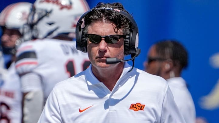 Oklahoma State head coach Mike Gundy walks off the field in the second half during an NCAA football game between Oklahoma State and Tulsa in Tulsa, Okla., on Saturday, Sept. 14, 2024.