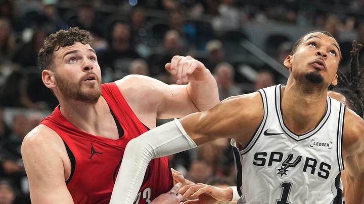 San Antonio Spurs forward Victor Wembanyama boxes out Portland Trail Blazers center Donovan Clingan. San Antonio Spurs forward Victor Wembanyama boxes out Portland Trail Blazers center Donovan Clingan.