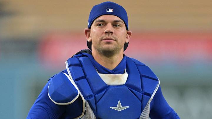 Los Angeles Dodgers catcher Ben Rortvedt (47) during World Series workouts