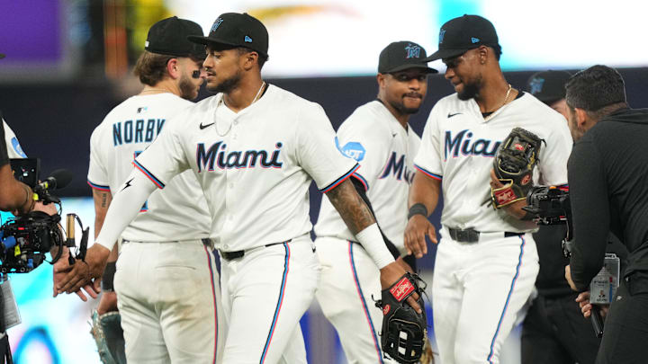 Jul 1, 2025; Miami, Florida, USA; The Miami Marlins celebrate a win over the Minnesota Twins at loanDepot Park. Mandatory Credit: Jim Rassol-Imagn Images Jul 1, 2025; Miami, Florida, USA; The Miami Marlins celebrate a win over the Minnesota Twins at loanDepot Park. Mandatory Credit: Jim Rassol-Imagn Images