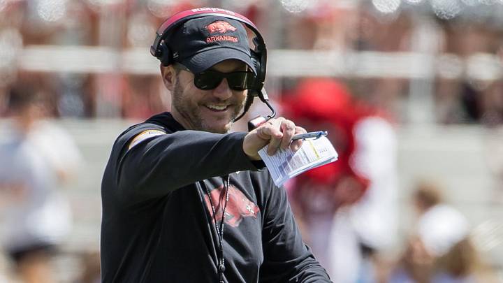 Arkansas Razorbacks coach Ryan Silverfield points during the spring game at Donald W. Reynolds Razorback Stadium. Arkansas Razorbacks coach Ryan Silverfield points during the spring game at Donald W. Reynolds Razorback Stadium.