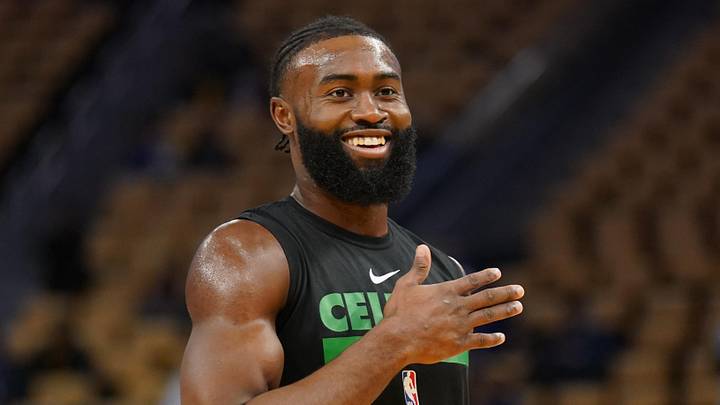 Dec 10, 2022; San Francisco, California, USA; Boston Celtics guard Jaylen Brown (7) stands on the court before the start of the game against the Golden State Warriors at the Chase Center. Mandatory Credit: Cary Edmondson-Imagn Images