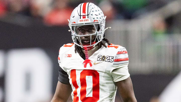 Jan 20, 2025; Atlanta, GA, USA; Ohio State Buckeyes cornerback Denzel Burke (10) against the Notre Dame Fighting Irish during the CFP National Championship college football game at Mercedes-Benz Stadium. Mandatory Credit: Mark J. Rebilas-Imagn Images