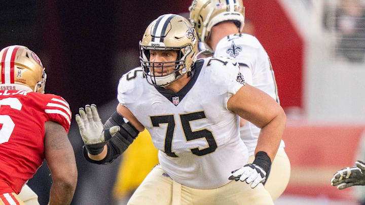 November 27, 2022; Santa Clara, California, USA; New Orleans Saints guard Andrus Peat (75) during the fourth quarter against the San Francisco 49ers at Levi's Stadium. Mandatory Credit: Kyle Terada-Imagn Images