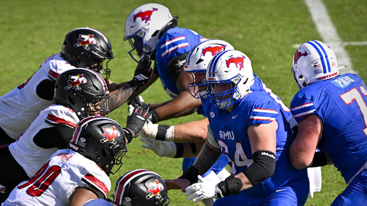 College football: The SMU Mustangs offensive line College football: The SMU Mustangs offensive line
