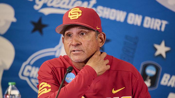 May 31, 2025; Corvallis, OR, USA; USC head coach Andy Stankiewicz takes questions after a game against Saint Mary's at the NCAA Corvallis Regional at Goss Stadium. Mandatory Credit: Troy Wayrynen-Imagn Images