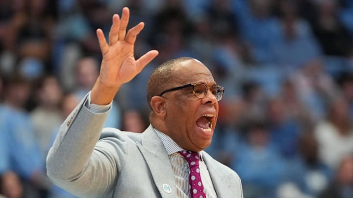 Feb 2, 2026; Chapel Hill, North Carolina, USA;  North Carolina Tar Heels head coach Hubert Davis reacts in the second half at Dean E. Smith Center. Mandatory Credit: Bob Donnan-Imagn Images