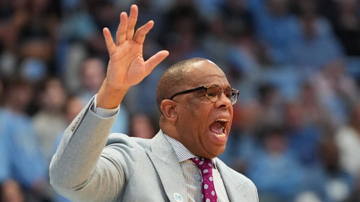 Feb 2, 2026; Chapel Hill, North Carolina, USA;  North Carolina Tar Heels head coach Hubert Davis reacts in the second half at Dean E. Smith Center. Mandatory Credit: Bob Donnan-Imagn Images