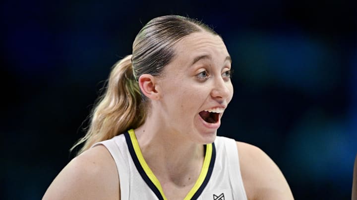 Sep 11, 2025; Arlington, Texas, USA; Dallas Wings guard Paige Bueckers (5) celebrates during the second half against the Phoenix Mercury at College Park Center. Mandatory Credit: Jerome Miron-Imagn Images