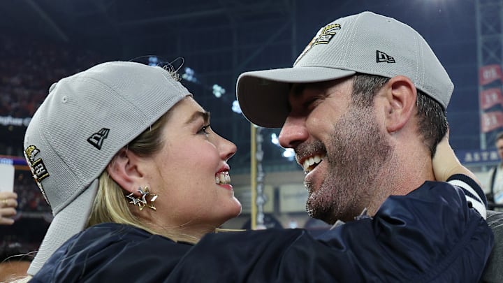 Justin Verlander #35 of the Houston Astros embraces his wife Kate Upton after defeating the Philadelphia Phillies 4-1 to win the 2022 World Series