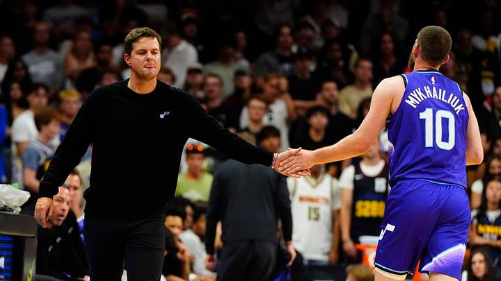 Oct 4, 2026; Boulder, Colorado, USA; Utah Jazz head coach Will Hardy greets guard Svi Mykhailiuk (10) after a rotation in the second quarter against the Denver Nuggets at CU Events Center. Mandatory Credit: Ron Chenoy-Imagn Images Oct 4, 2026; Boulder, Colorado, USA; Utah Jazz head coach Will Hardy greets guard Svi Mykhailiuk (10) after a rotation in the second quarter against the Denver Nuggets at CU Events Center. Mandatory Credit: Ron Chenoy-Imagn Images